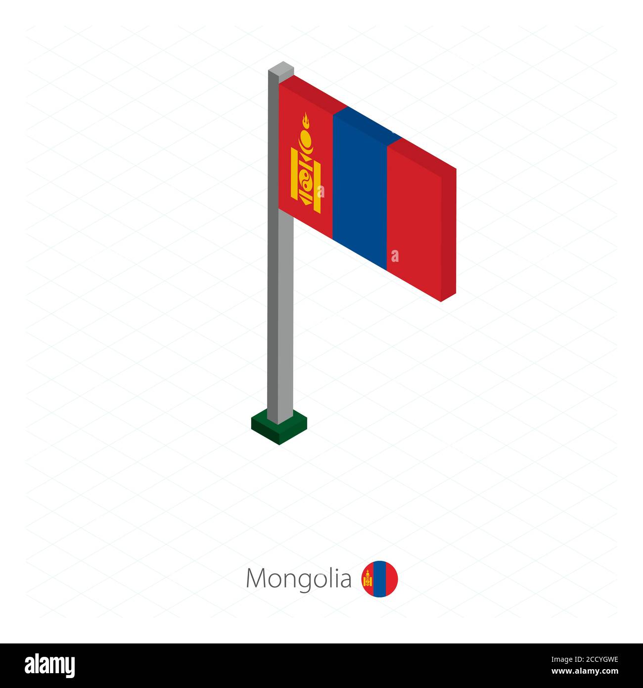Mongolia Flag on Flagpole in Isometric dimension. Isometric blue background. Vector illustration. Stock Vector