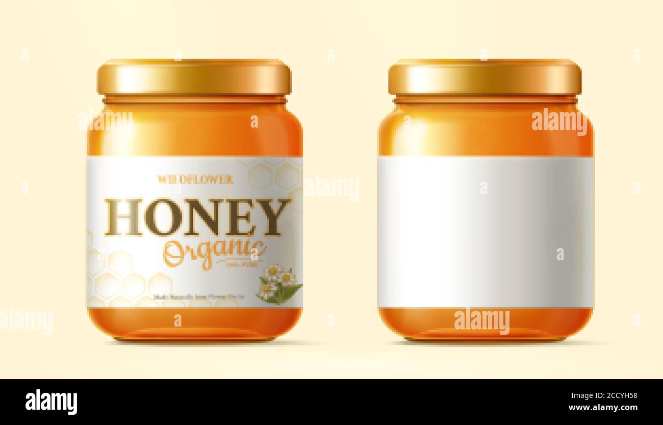Realistic golden honey jar mock-up isolated on yellow background, one with label  design and one without Stock Vector Image & Art - Alamy