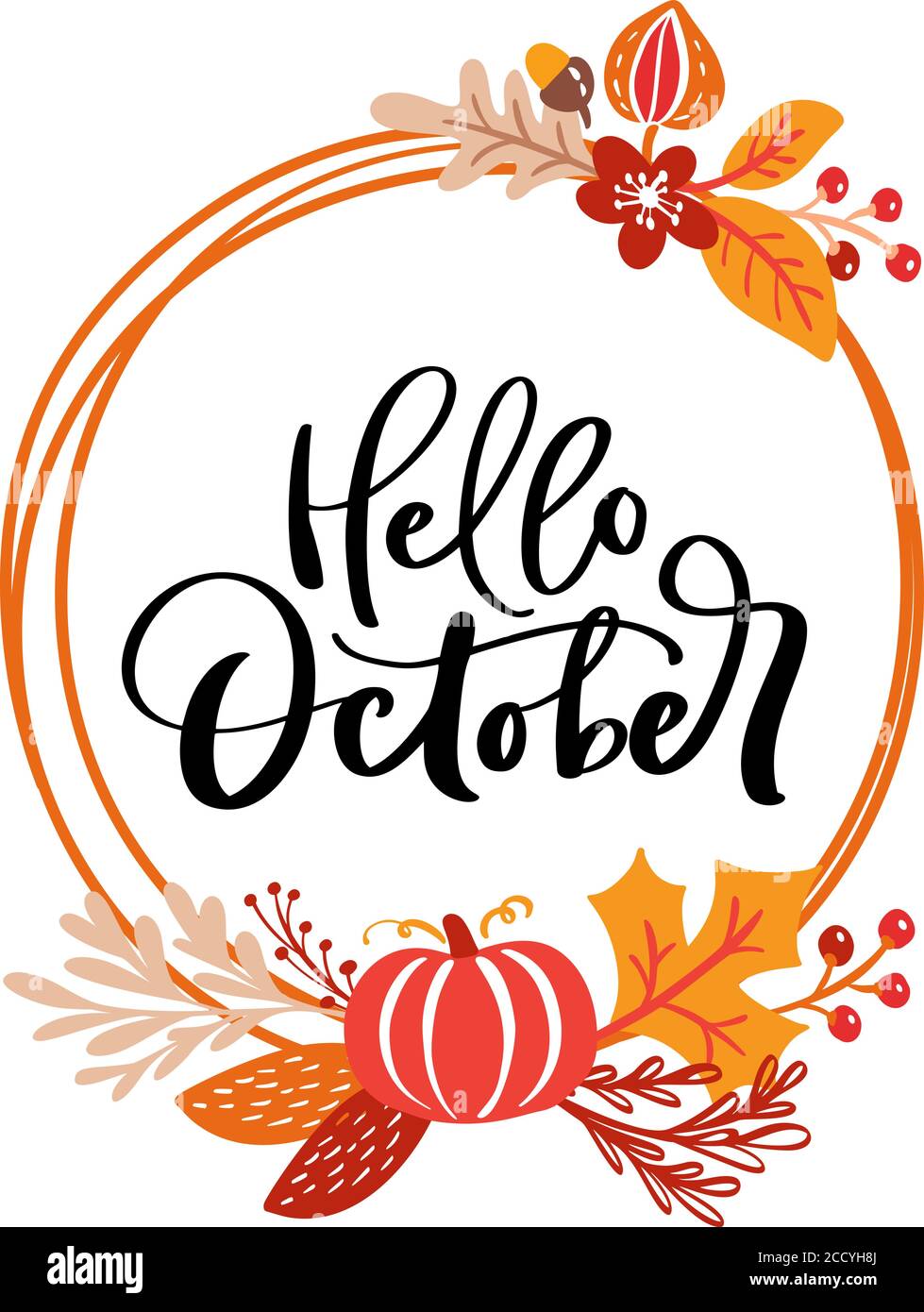 Hello October Handwritten Lettering Vector Text In Wreath With Autumn