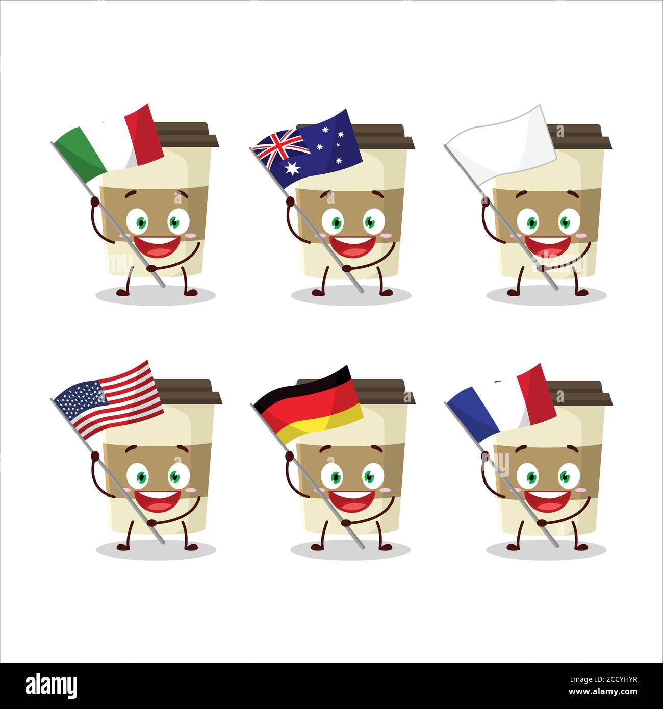 coffee cup cartoon character bring the flags of various countries Stock Vector