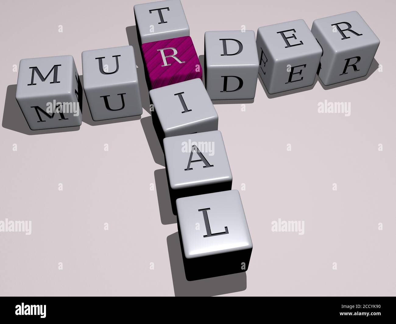 murder trial crossword by cubic dice letters, 3D illustration Stock Photo