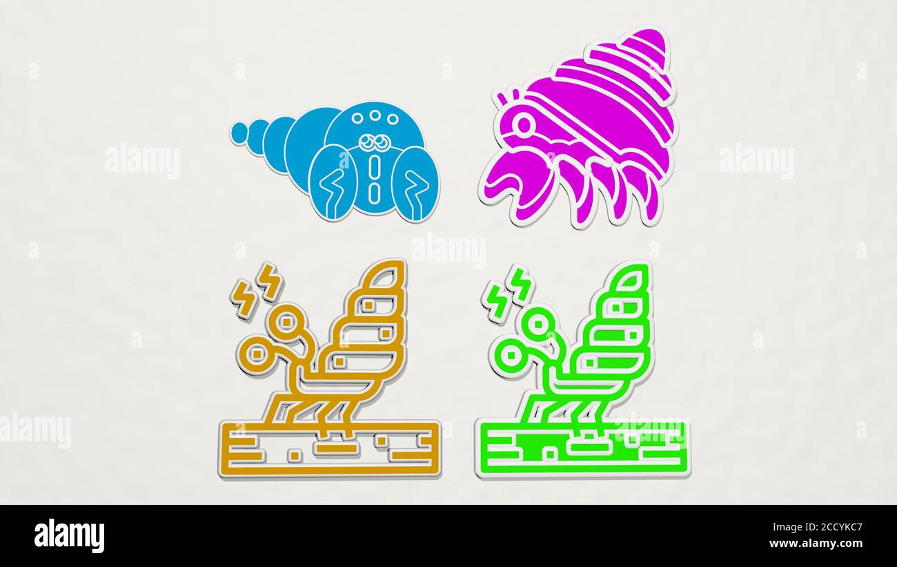 hermit crab colorful set of icons, 3D illustration Stock Photo