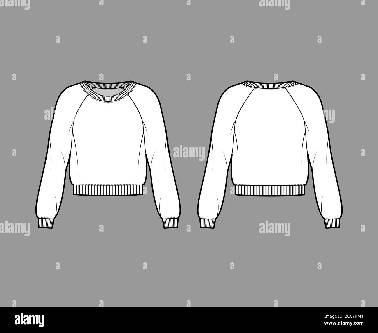 Cotton-terry sweatshirt technical fashion illustration with relaxed fit, scoop neckline, long raglan sleeves, ribbed trims. Flat jumper apparel template front back white color. Women, men unisex top Stock Vector