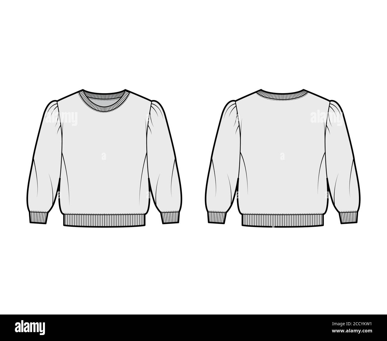 Cropped cotton-terry sweatshirt technical fashion illustration with puffed shoulders, elbow sleeves, ribbed trims. Flat outwear jumper apparel template front back grey color. Women, men unisex top CAD Stock Vector