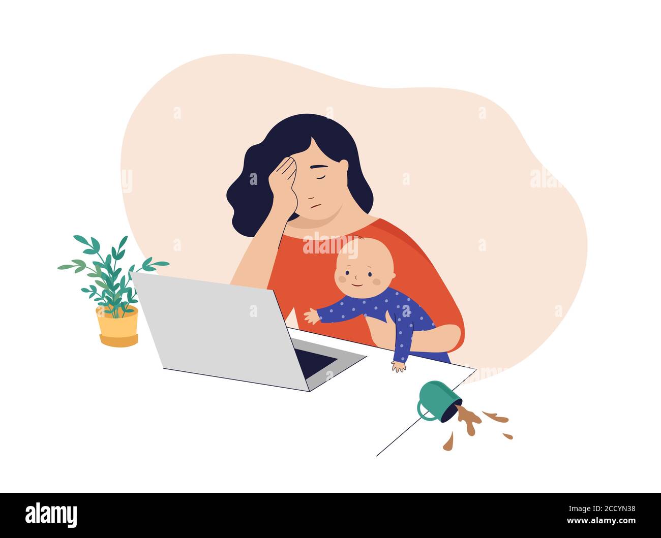 Tired mom trying to work, holding baby in her arms Stock Vector