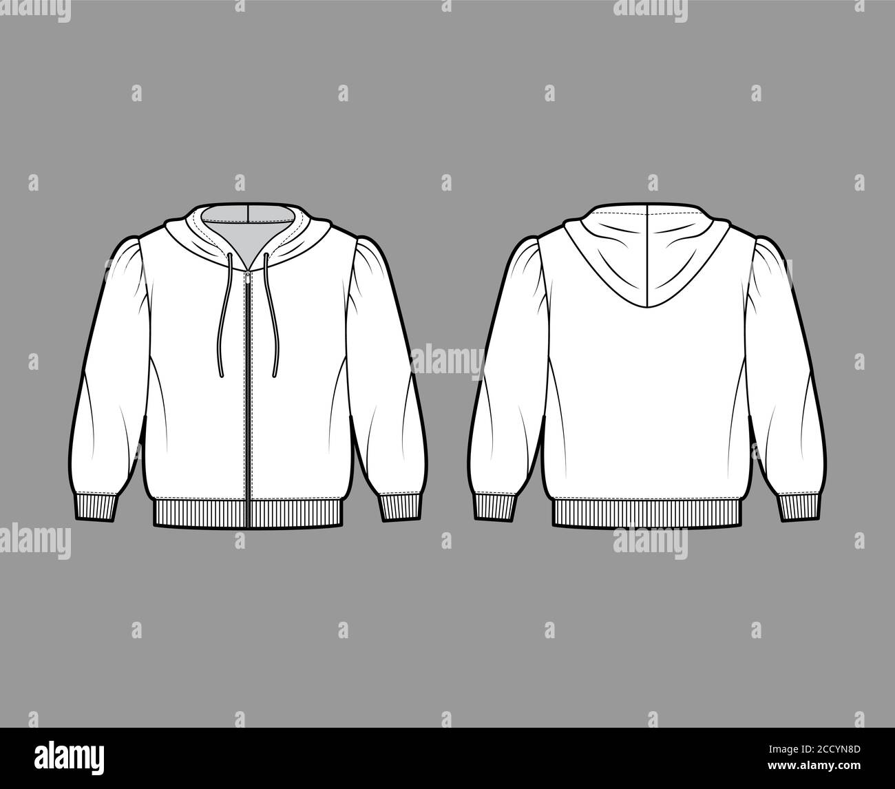 Zip-up cropped cotton-jersey hoodie technical fashion illustration with puffed shoulders, elbow sleeves, ribbed trims. Flat jumper template front back white color. Women men unisex sweatshirt top Stock Vector