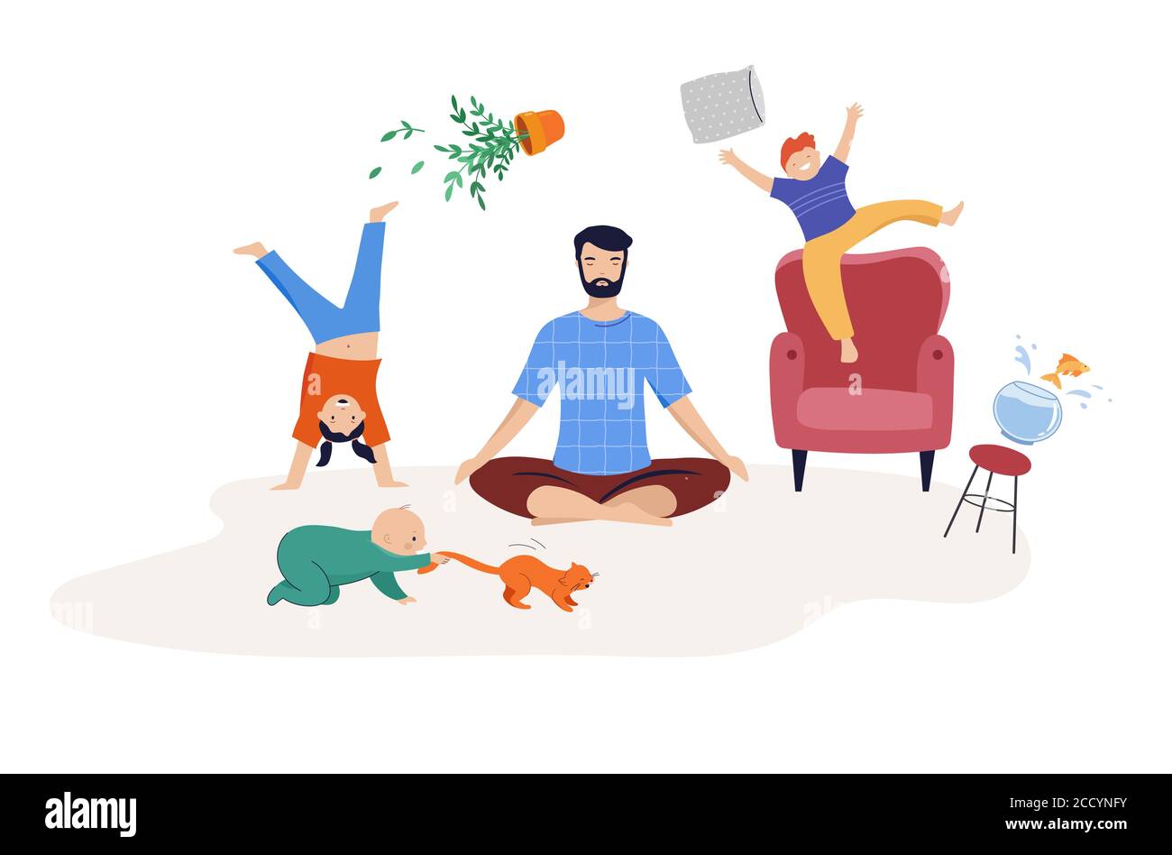 Tired dad of two kids trying to relax, to meditate. Children play, jump and run around him Stock Vector