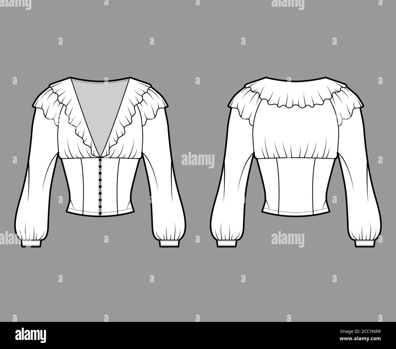 Ruffled cropped blouse technical fashion illustration with long bishop sleeves, puffed shoulders, front button fastenings. Flat apparel top template front, back white color. Women men unisex shirt CAD Stock Vector