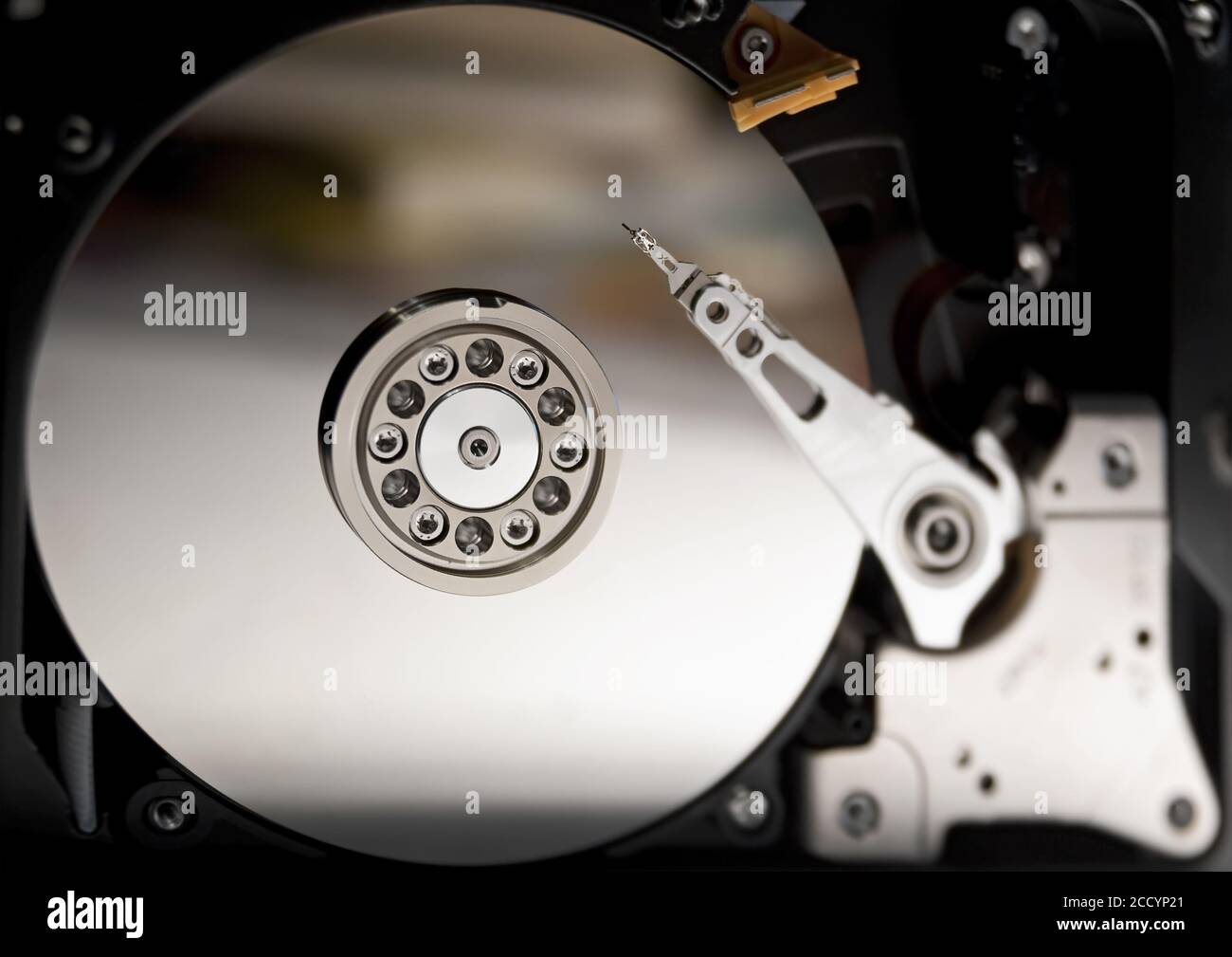Macro view of spindle of the open hard disk drive Stock Photo Alamy