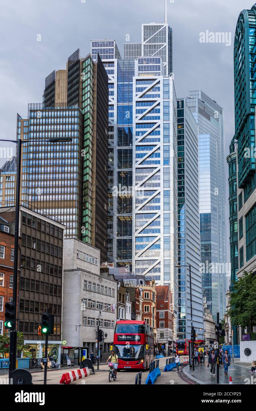 Bishopsgate London. One of the City of London' financial district's main thoroughfares, the original buildings are dwarfed by new developments. Stock Photo