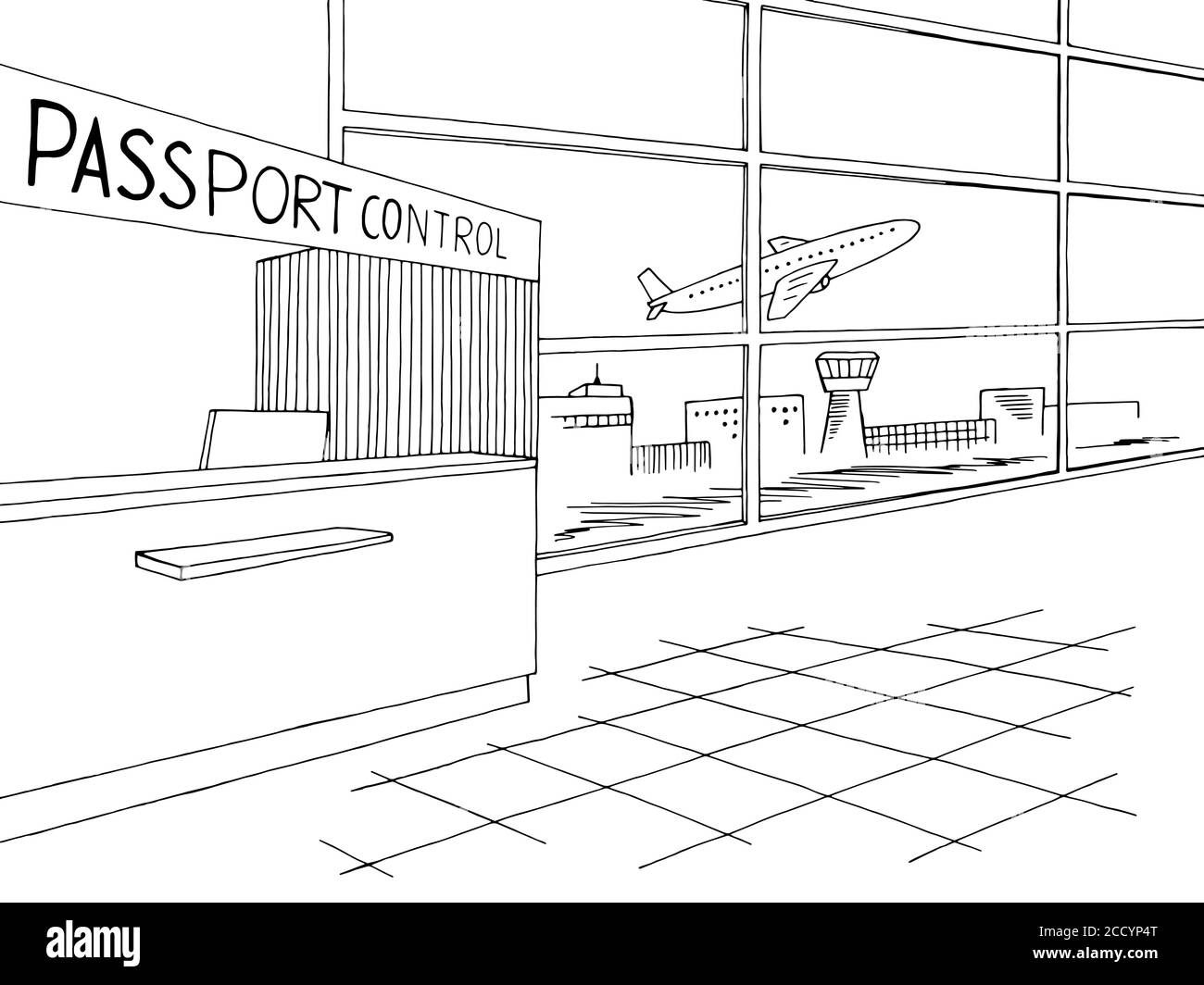 Passport control airport interior graphic black white sketch illustration vector Stock Vector