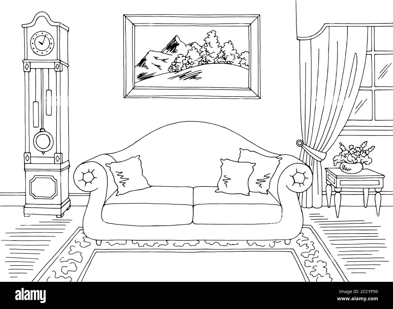 Living room graphic black white classic home interior sketch illustration vector Stock Vector