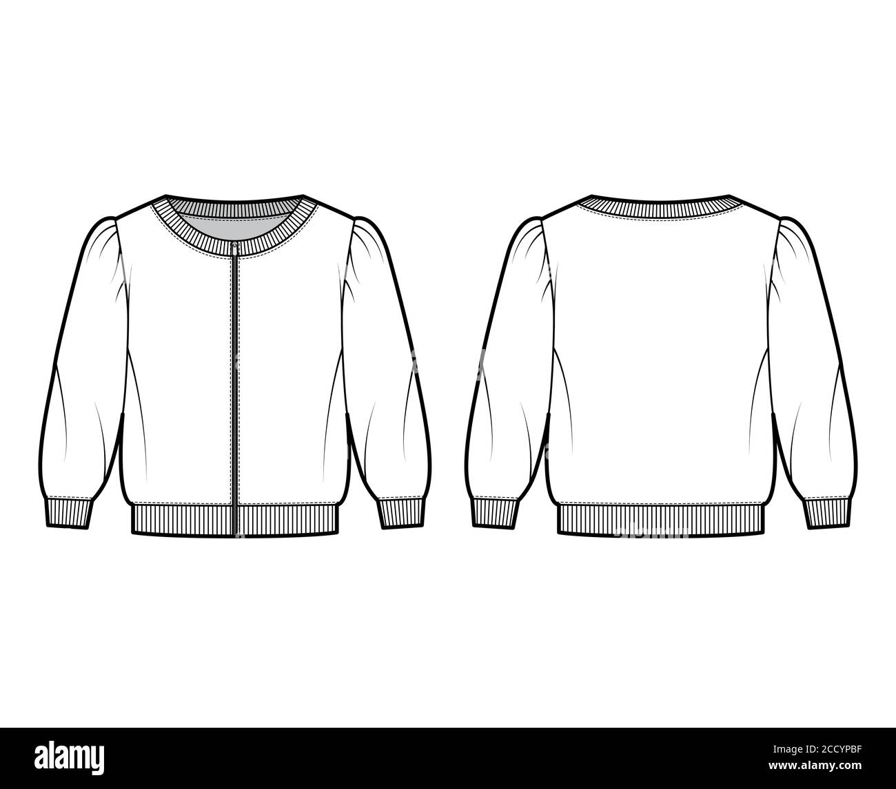 Zip-up cropped cotton-terry sweatshirt technical fashion illustration with scoop neckline, puffed shoulders, elbow sleeves. Flat jumper apparel template front back white color. Women, men unisex top Stock Vector