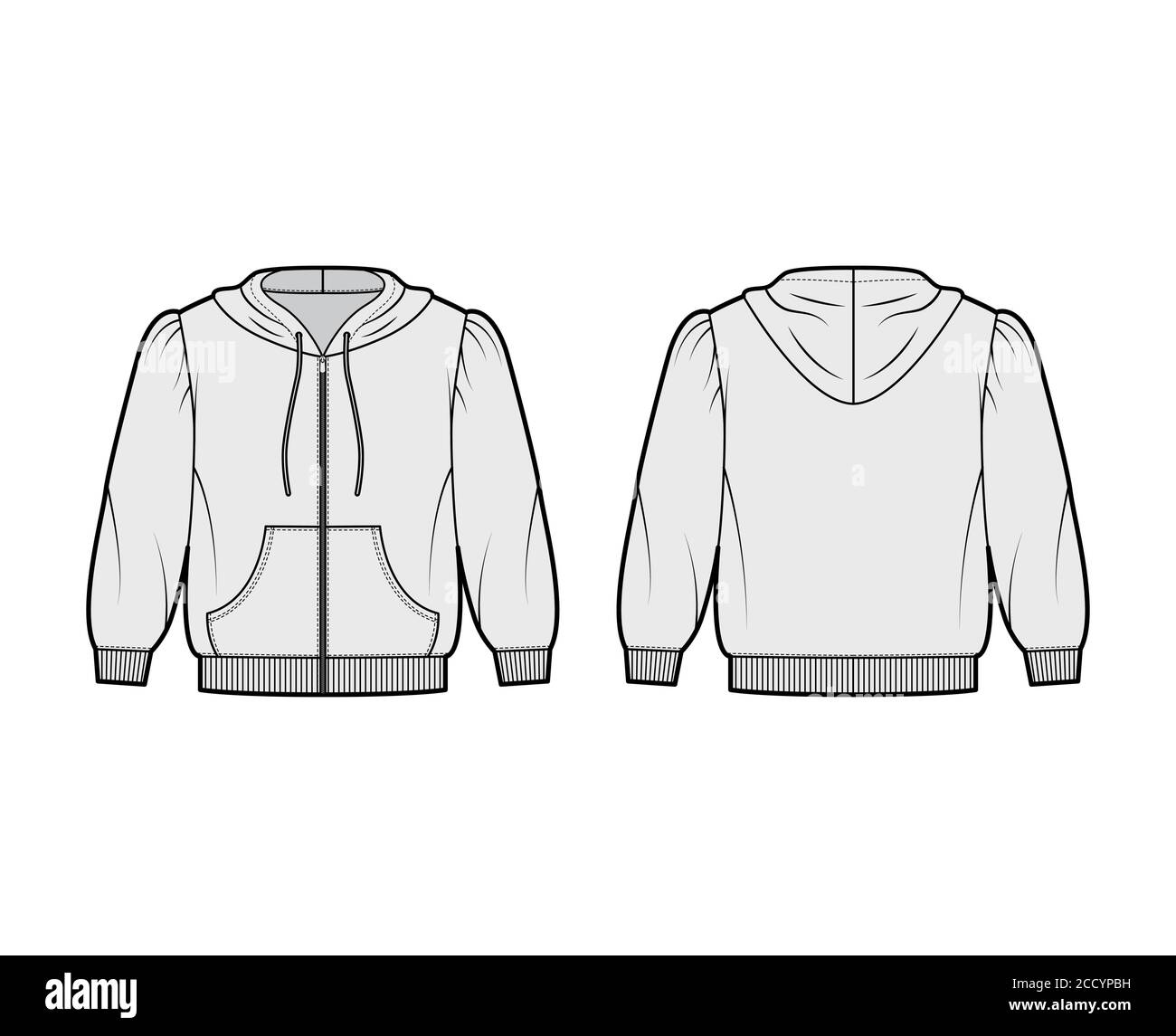 Zip-up cropped cotton-jersey hoodie technical fashion illustration with puffed shoulders, elbow sleeves, front pocket. Flat jumper template front back grey color. Women men unisex sweatshirt top Stock Vector