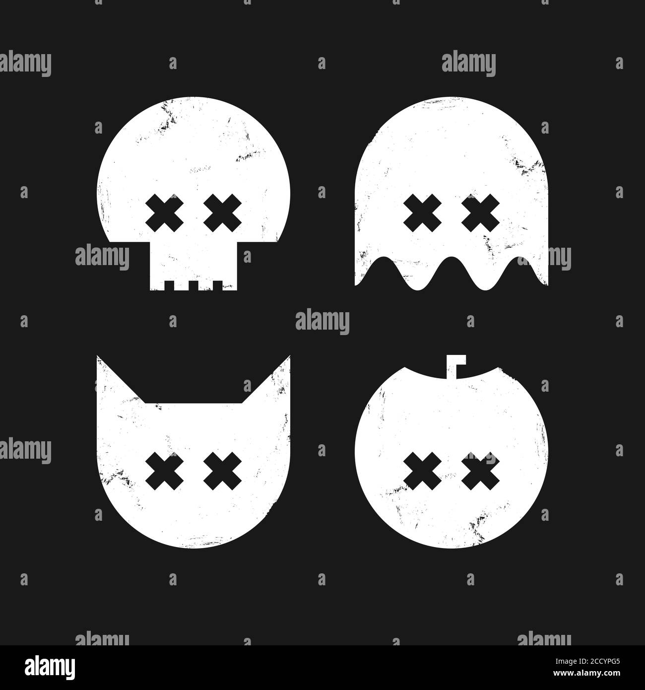 Halloween graphic black and white set. Textured icons of skull, ghost, cat and pumpkin. Stock Vector
