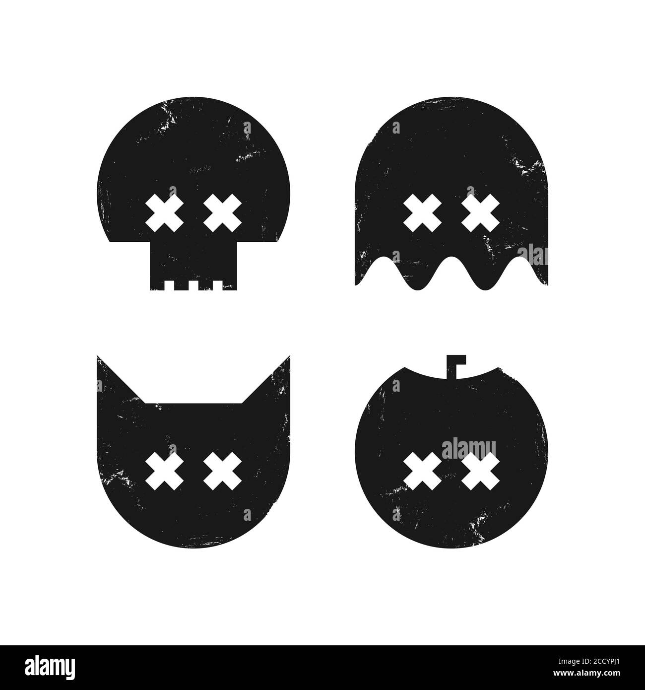 Halloween graphic black and white set. Textured icons of skull, ghost, cat and pumpkin. Stock Vector