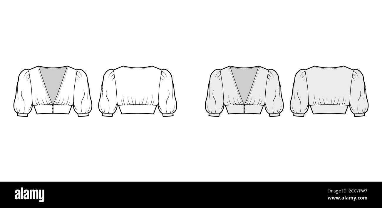Cropped top technical fashion illustration with short sleeves, puffed shoulders, front button fastenings, fitted body. Flat apparel shirt template front back white grey color. Women men, unisex blouse Stock Vector