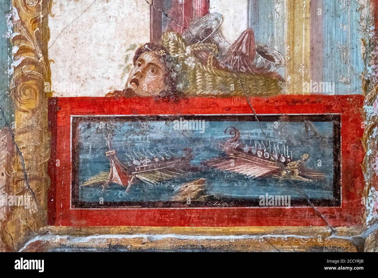 Ancient roman war ship, fresco in a house in Pompeii, destroyed by the eruption of Vesuvius in 79 BC Stock Photo