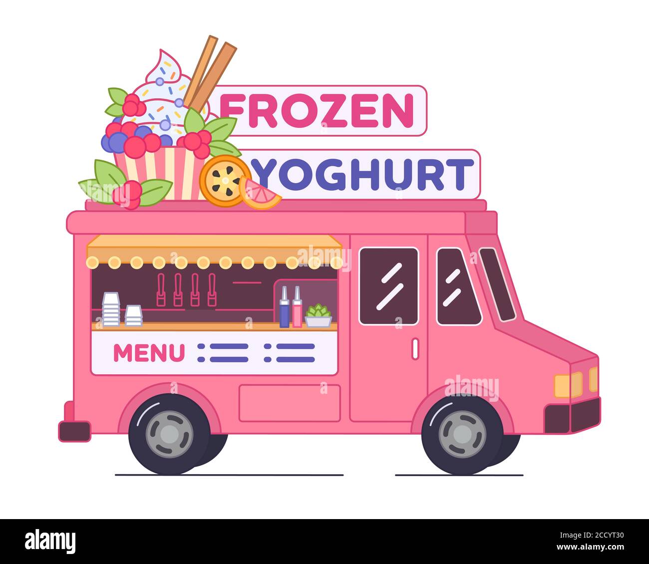 Frozen yoghurt van bar - isolated illustration. Pink street food truck of yogurt ice cream. Mobile bar of low calorie desserts in car Stock Vector