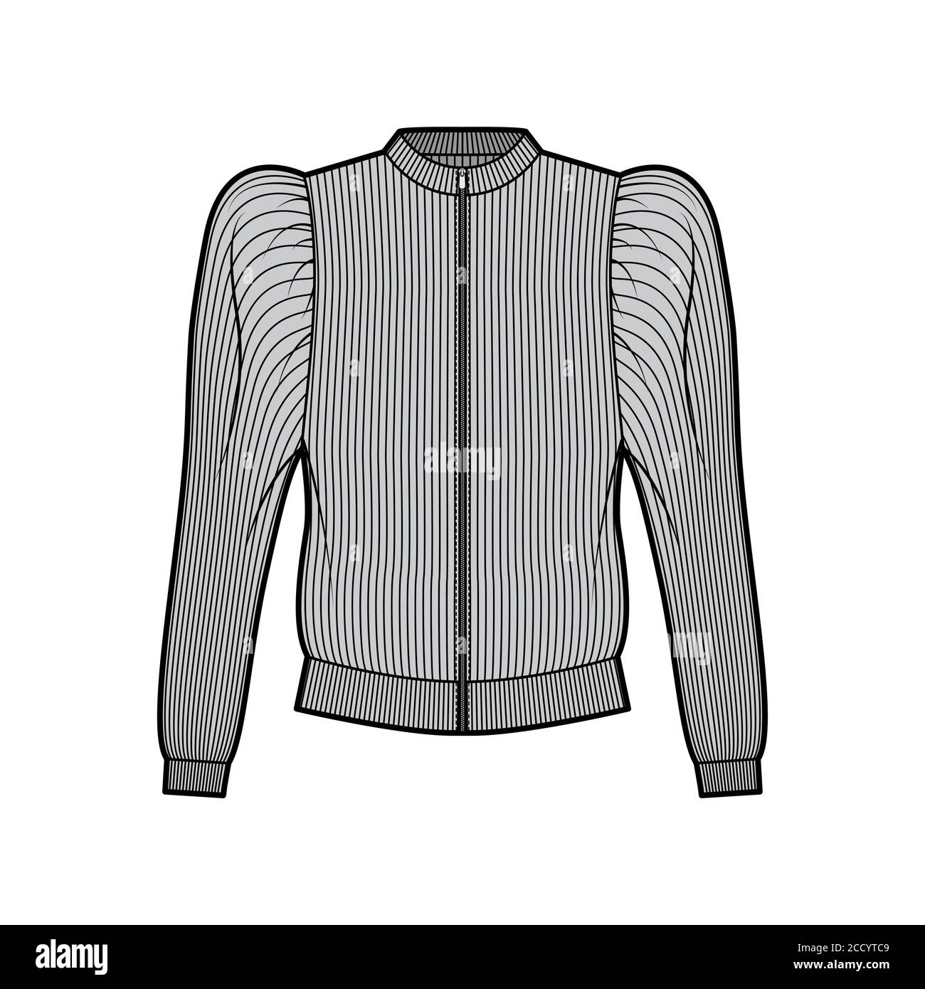 Zip-up ribbed cotton-jersey sweatshirt technical fashion illustration with gathered, puffy long sleeves, relaxed fit. Flat jumper apparel template front, grey color. Women men unisex top knit CAD Stock Vector