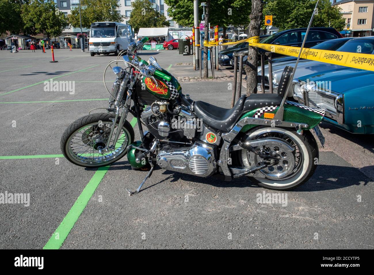 shiny green motorcycle on display, Lappeenranta Finland Stock Photo