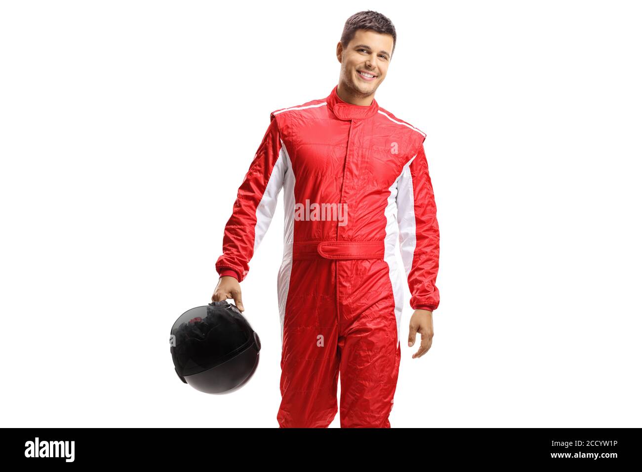 Car racer holding a helmet isolated on white background Stock Photo