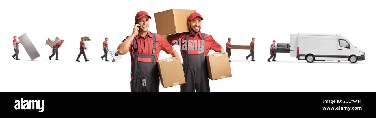 Movers putting household items in a van and two workers posing in the front isolated on white background Stock Photo