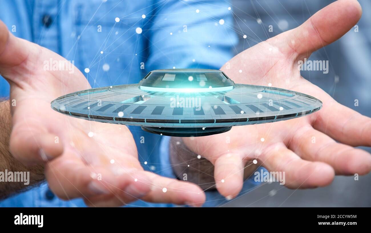 Businessman on blurred background with retro UFO spaceship 3D rendering Stock Photo