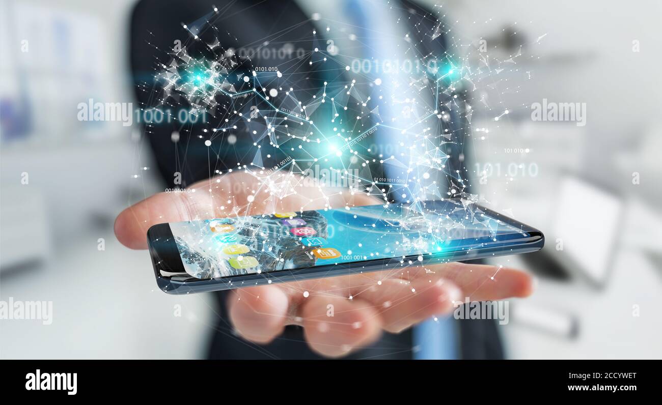 Businessman On Blurred Background Using Digital Binary Code On Mobile 