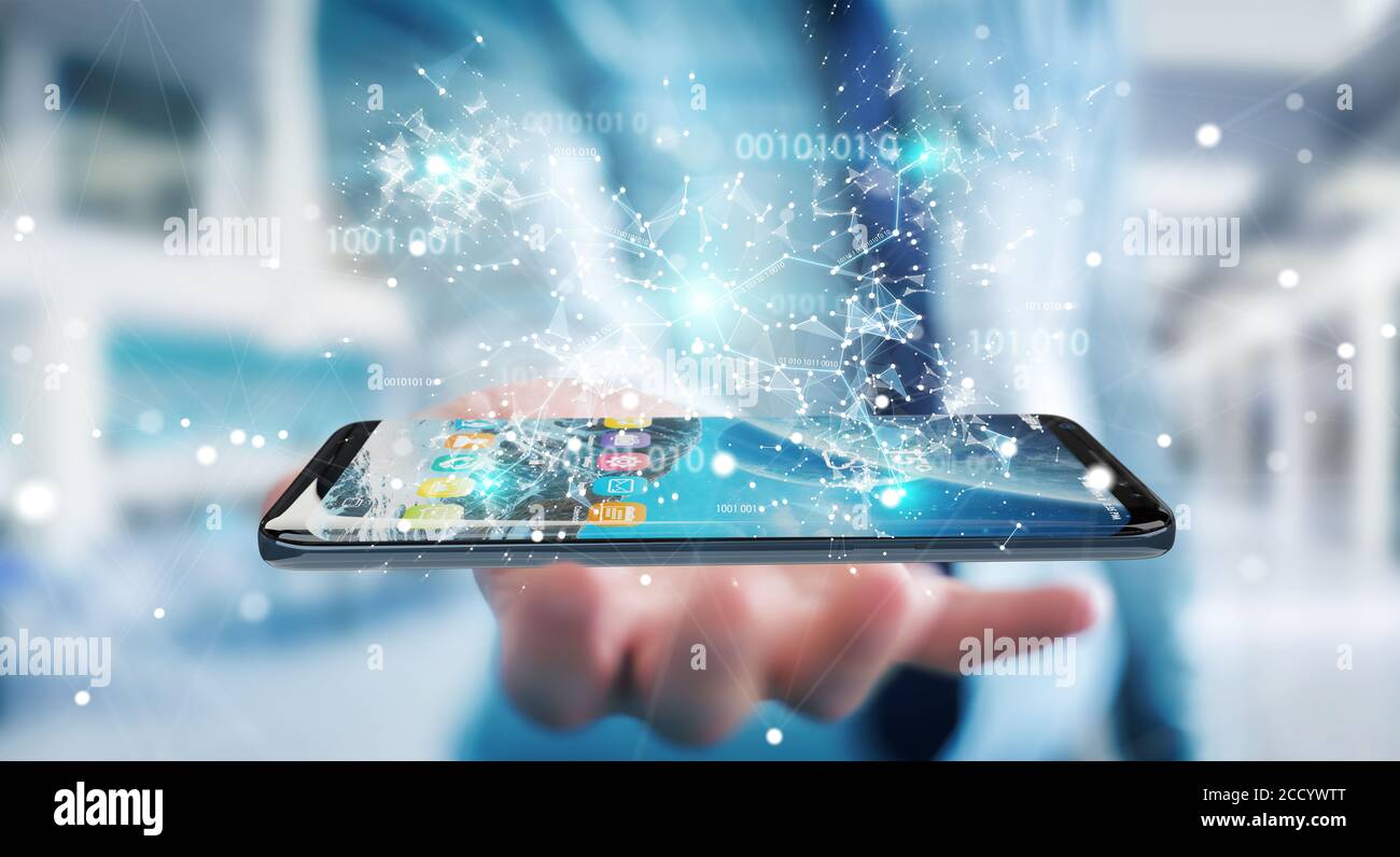 Is Cell Phone Using Binary Code Businessman on blurred background using digital binary code on mobile ...