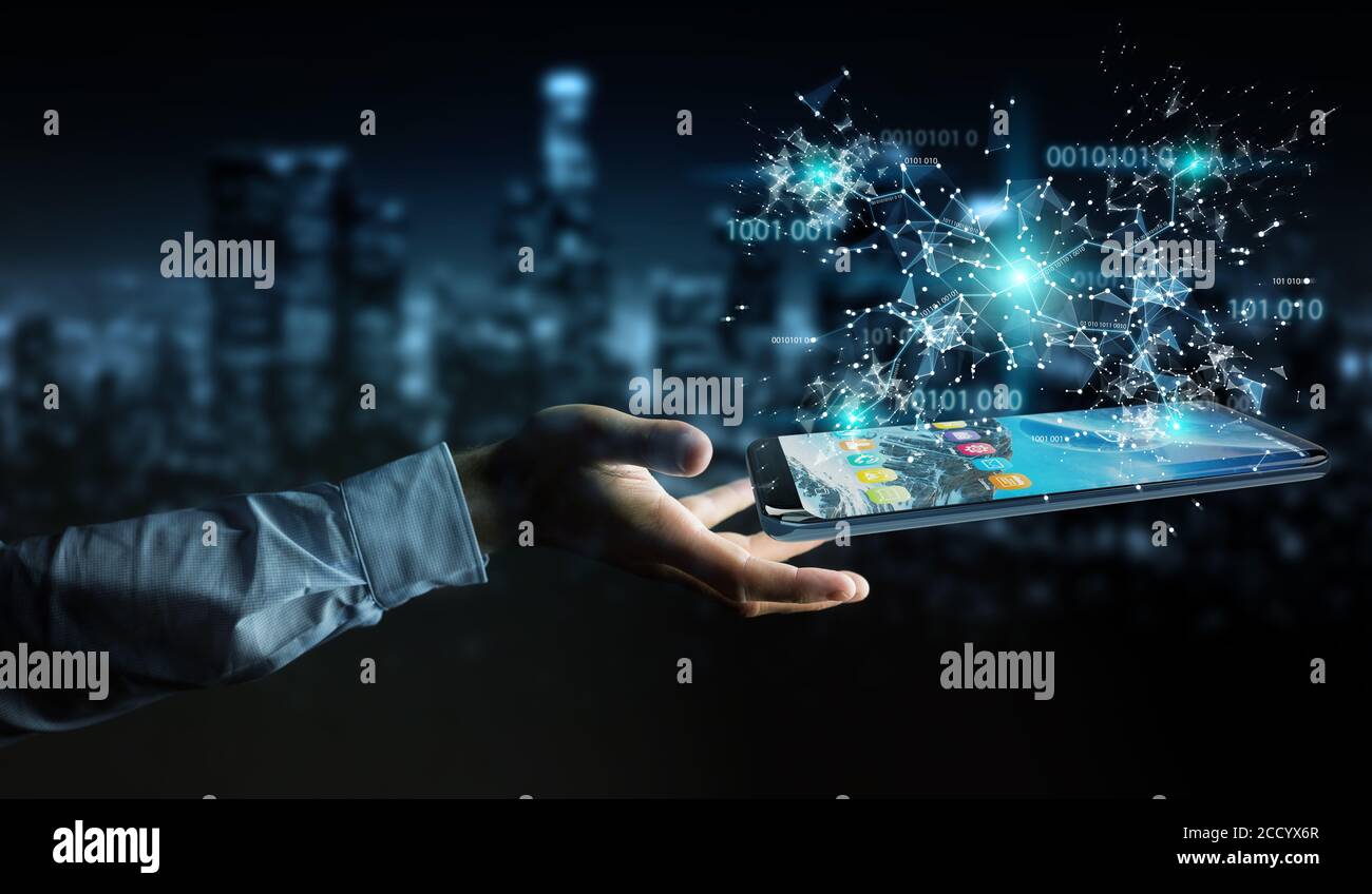 Businessman on blurred background using digital binary code on mobile phone 3D rendering Stock Photo