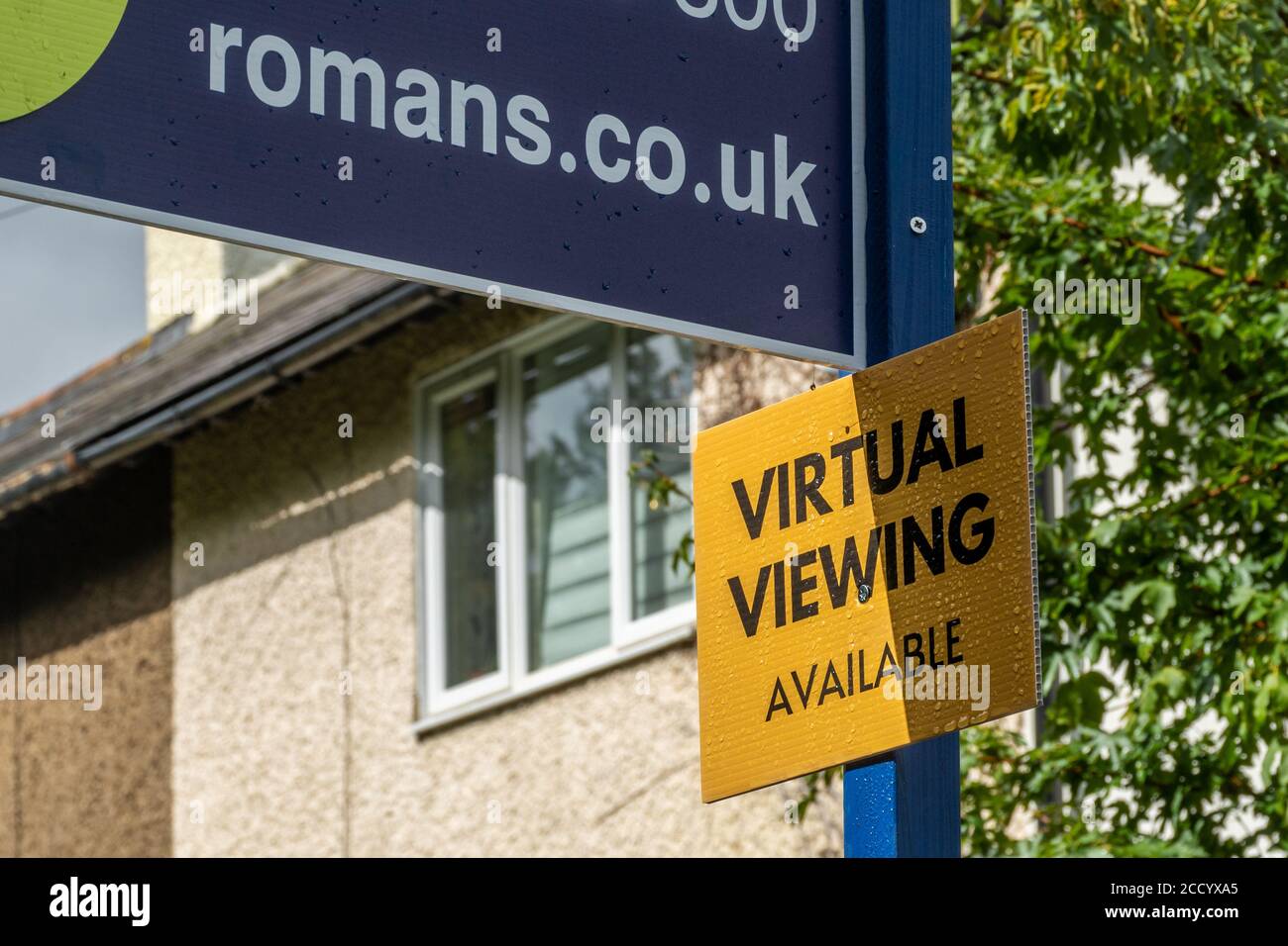 Virtual viewing available on a Romans estate agents house sale borad during the coronavirus covid-19 pandemic, August 2020, UK Stock Photo