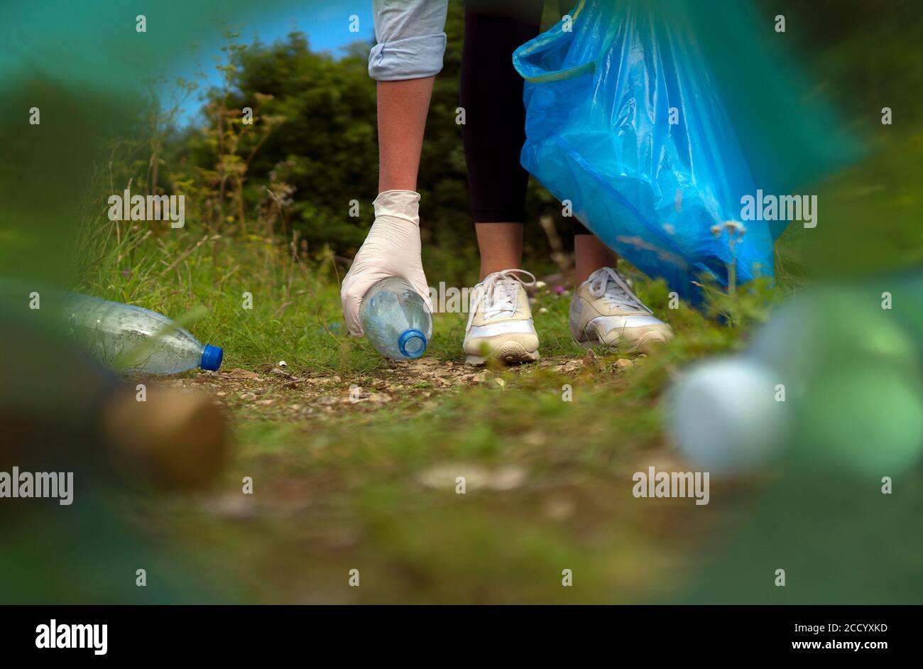 Volunteer collecting bottles in the forest. View from the neck of the