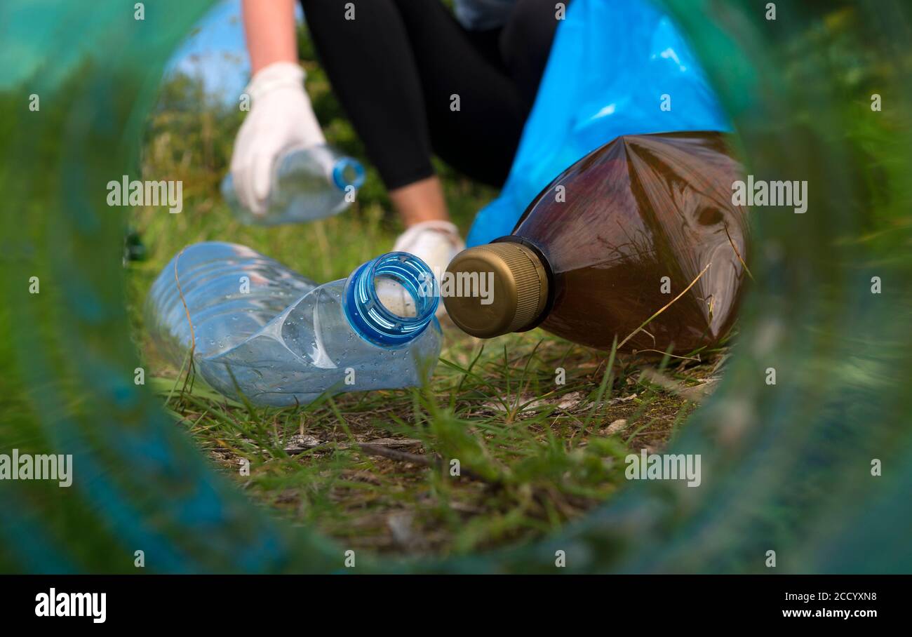 Volunteer collecting bottles in the forest. View from the neck of the