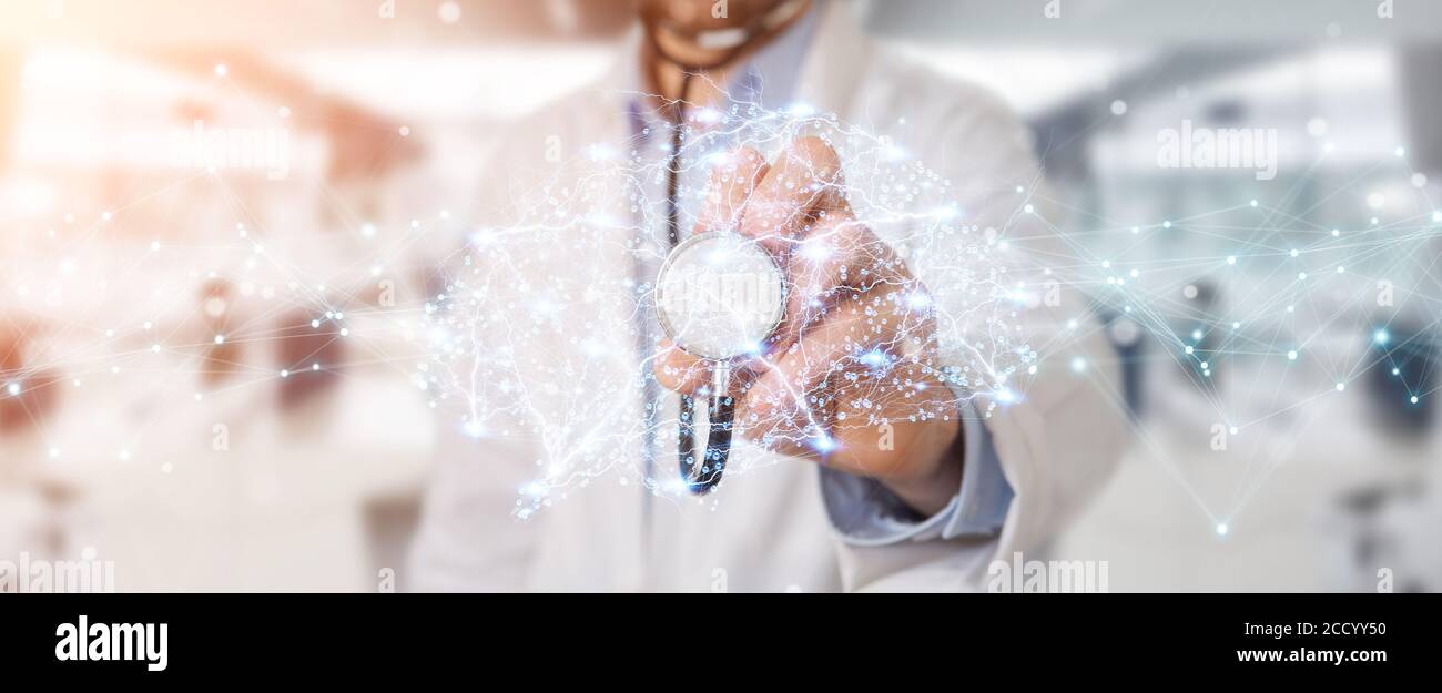 Doctor on blurred background holding digital brain interface 3D ...