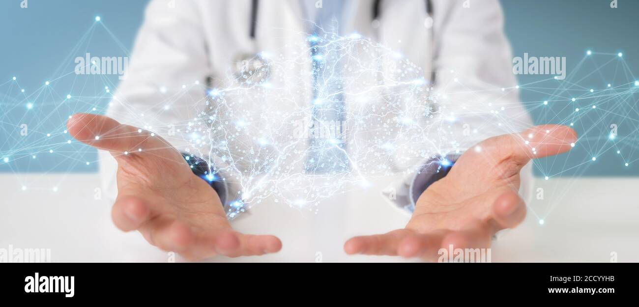 Doctor on blurred background holding digital brain interface 3D ...