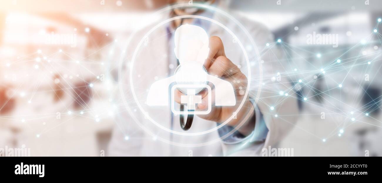 Doctor on blurred background using digital medical futuristic interface ...