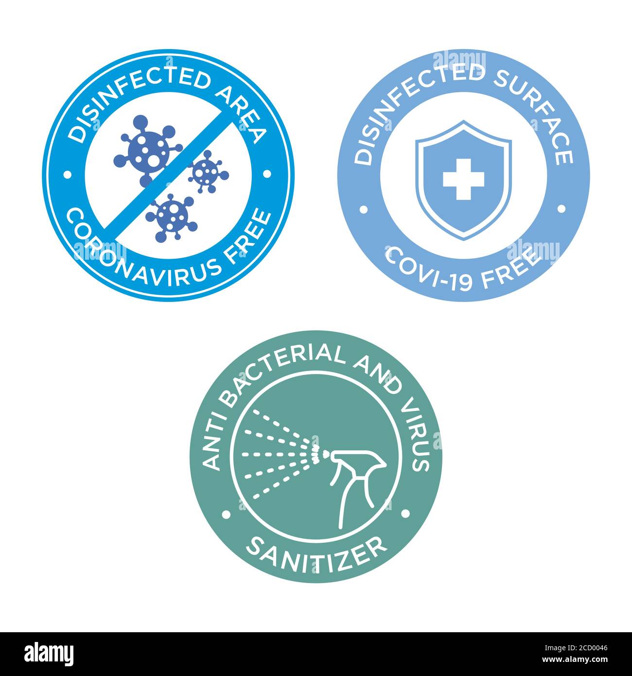 Coronavirus free icon set. Round symbols for disinfected areas, surfaces or products of covid-19. Stock Vector
