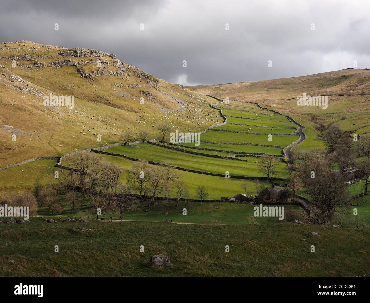 View of farmhouse beside Gordale Beck & green fields alongside Hawthorns Lane winding up to the high fells of Malham Moor North Yorkshire, England, UK Stock Photo