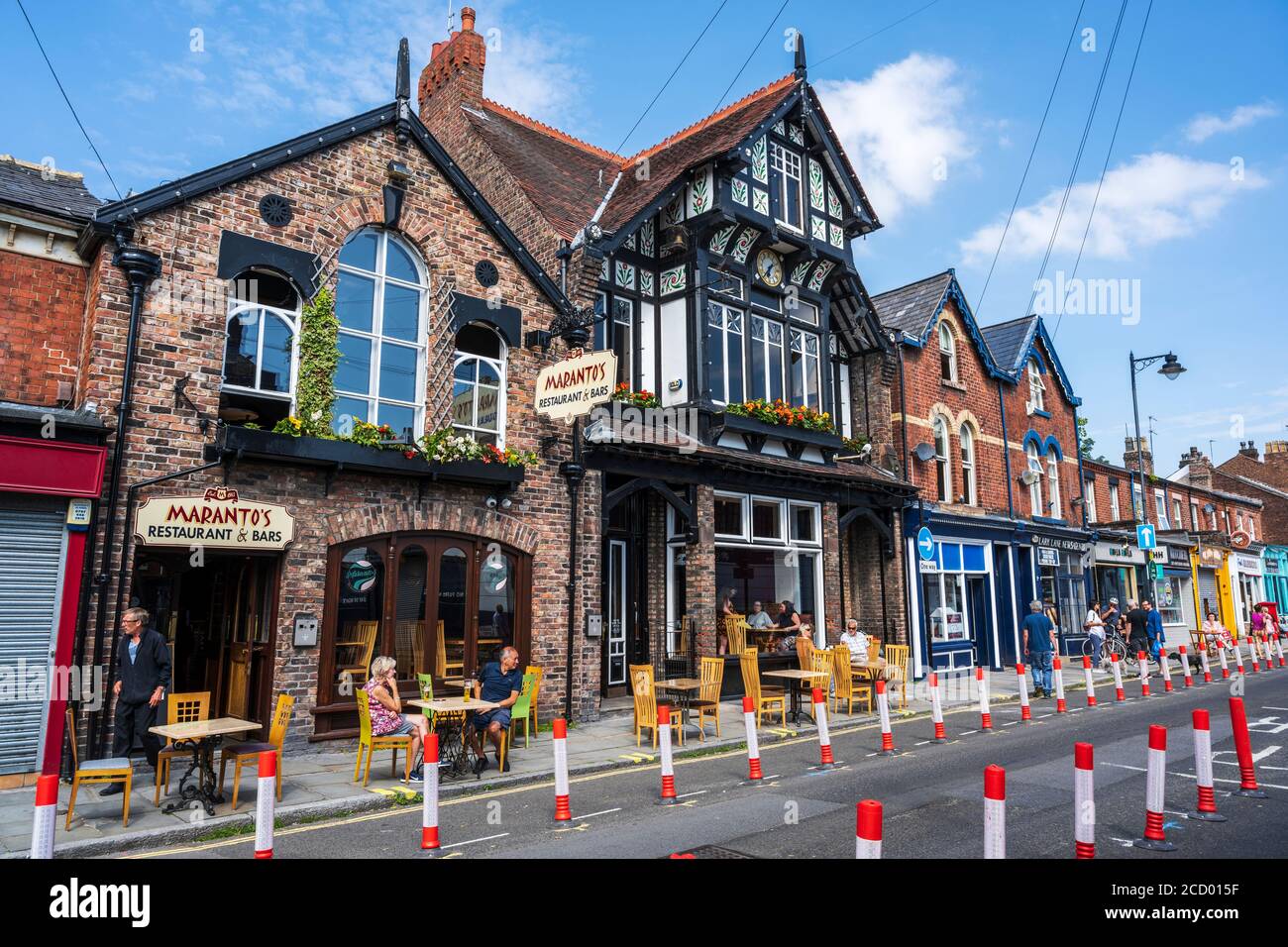Shops, restaurants and cafes on Lark Lane, Liverpool, England, UK Stock