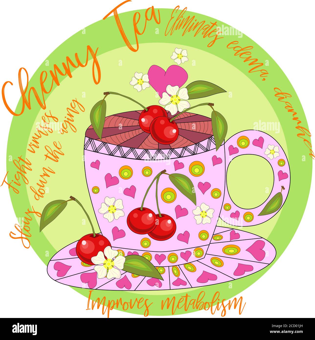 Cherry tea. Tea cooked with love. A cup with cherry berries, decorated with leaves and flowers, inscriptions about utility Stock Vector