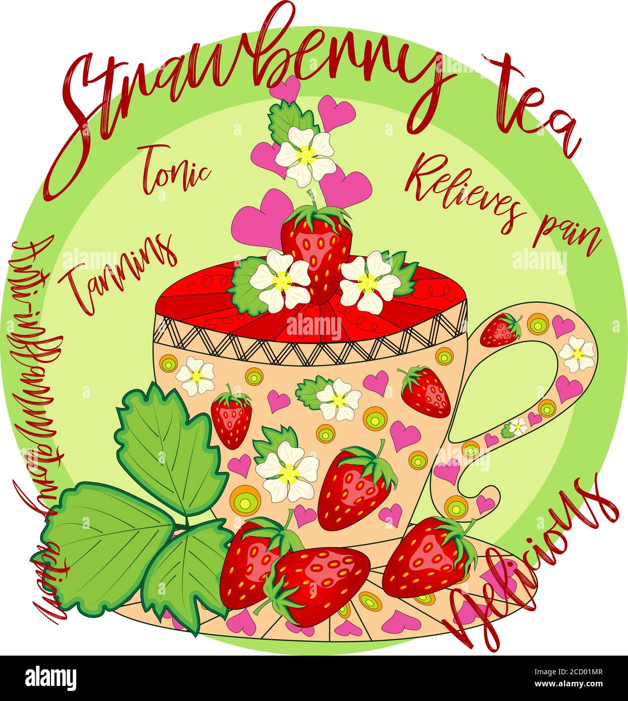 Strawberry tea. Tea cooked with love. A cup with strawberries, decorated with leaves and flowers, inscriptions about the utility Stock Vector