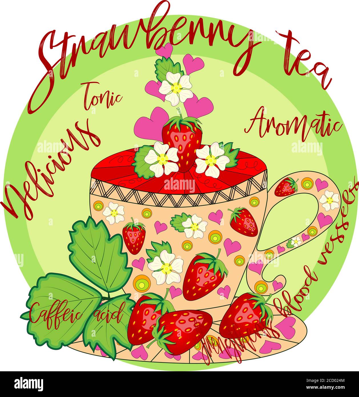 Strawberry tea. Tea cooked with love. A cup with strawberries, decorated with leaves and flowers, inscriptions about the utility Stock Vector