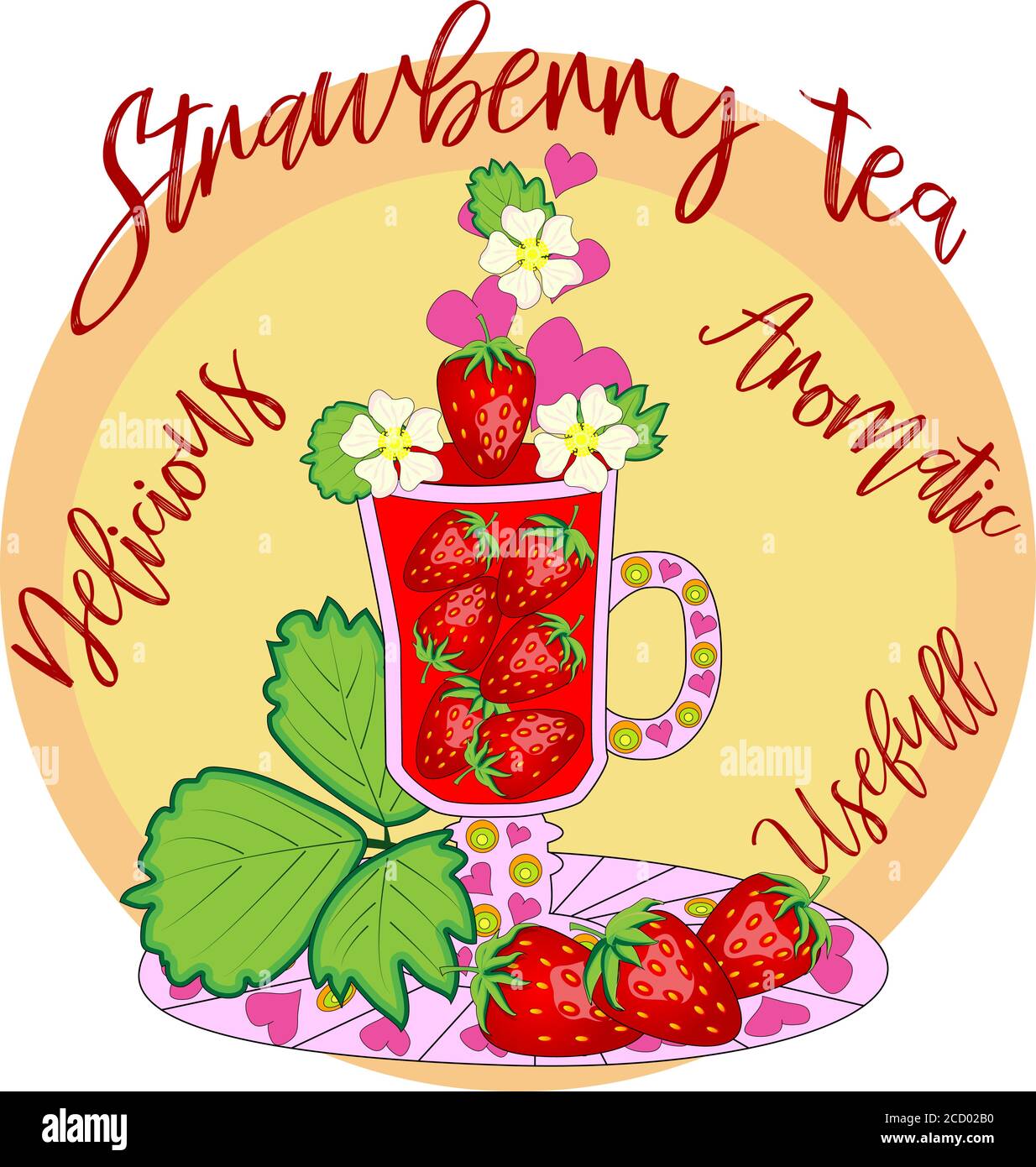 Strawberry tea. Tea cooked with love. A tall glass for mulled wine with strawberry berries, decorated with leaves and flowers, inscriptions about Stock Vector