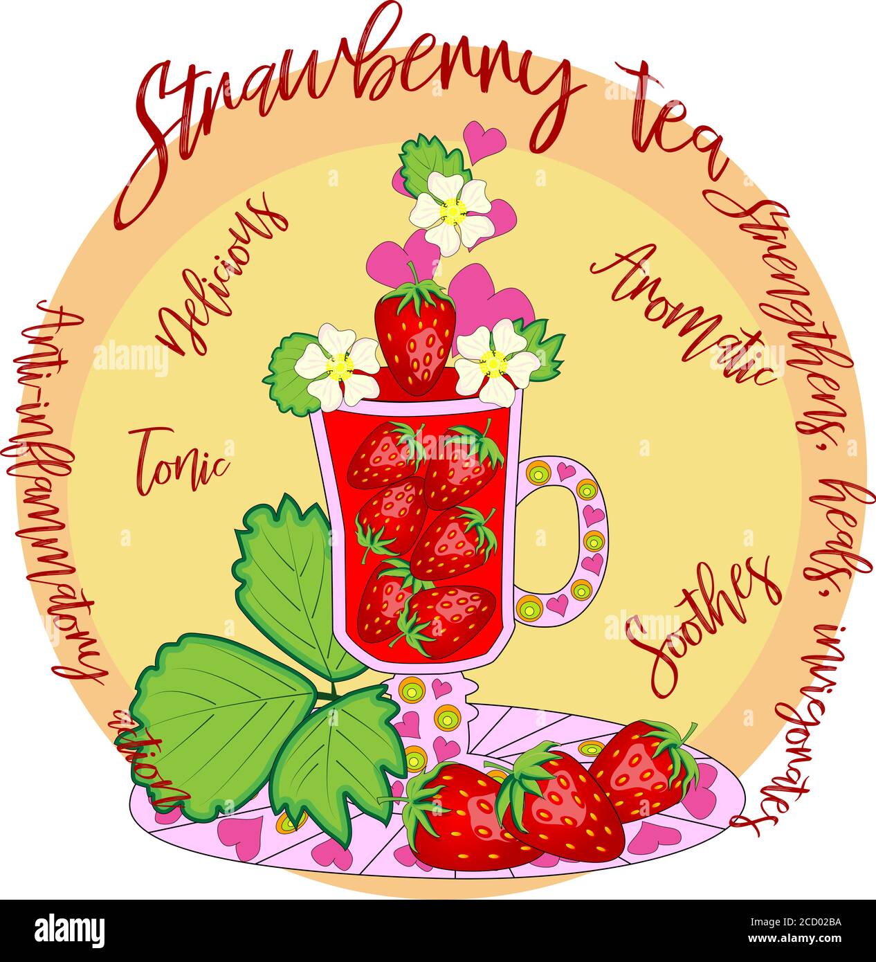 Strawberry tea. Tea cooked with love. A tall glass for mulled wine with strawberry berries, decorated with leaves and flowers, inscriptions about Stock Vector