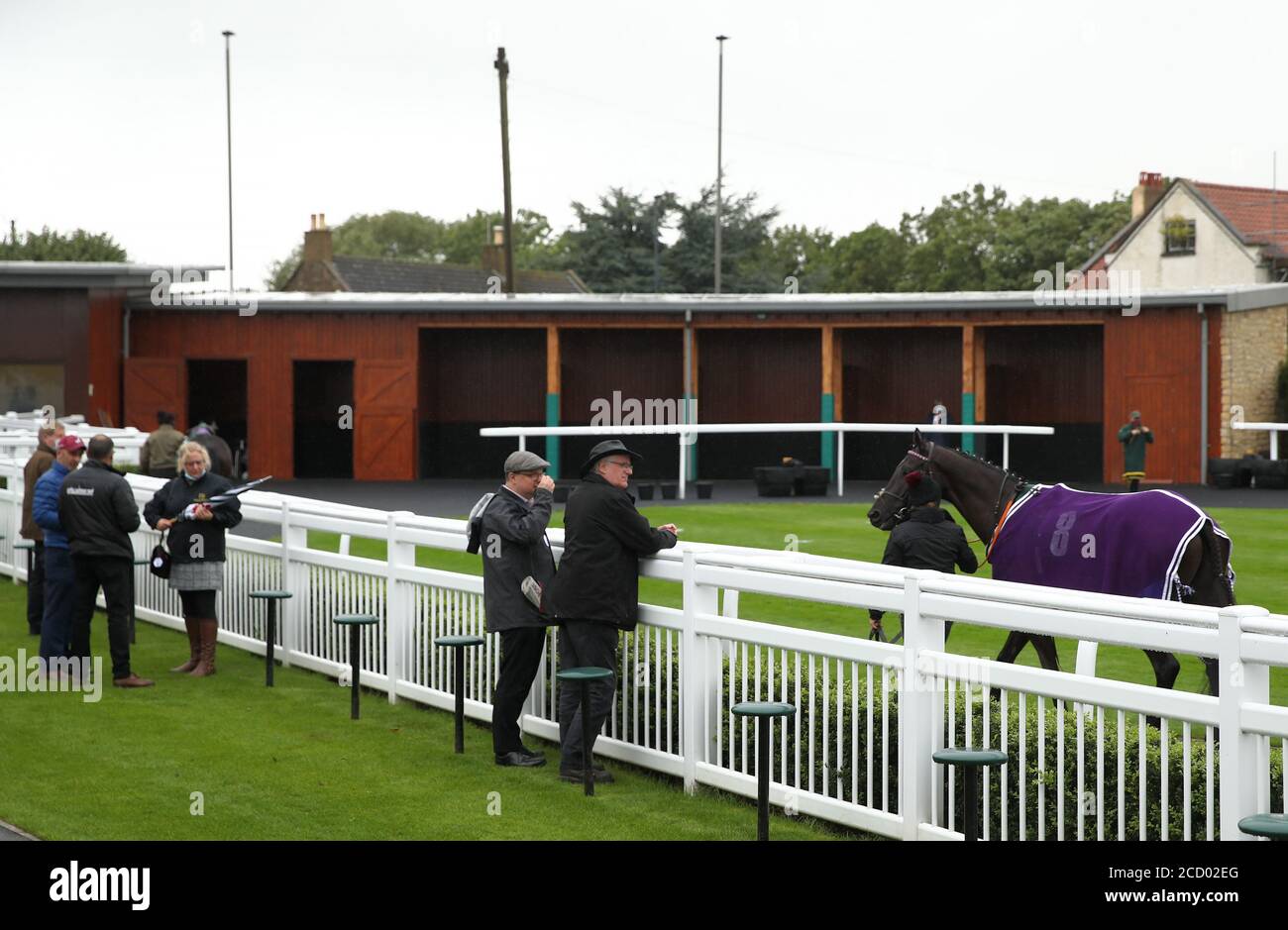 Owners watch the parade ring before the Crow Plump Handicap at Catterick Bridge Racecourse. Stock Photo