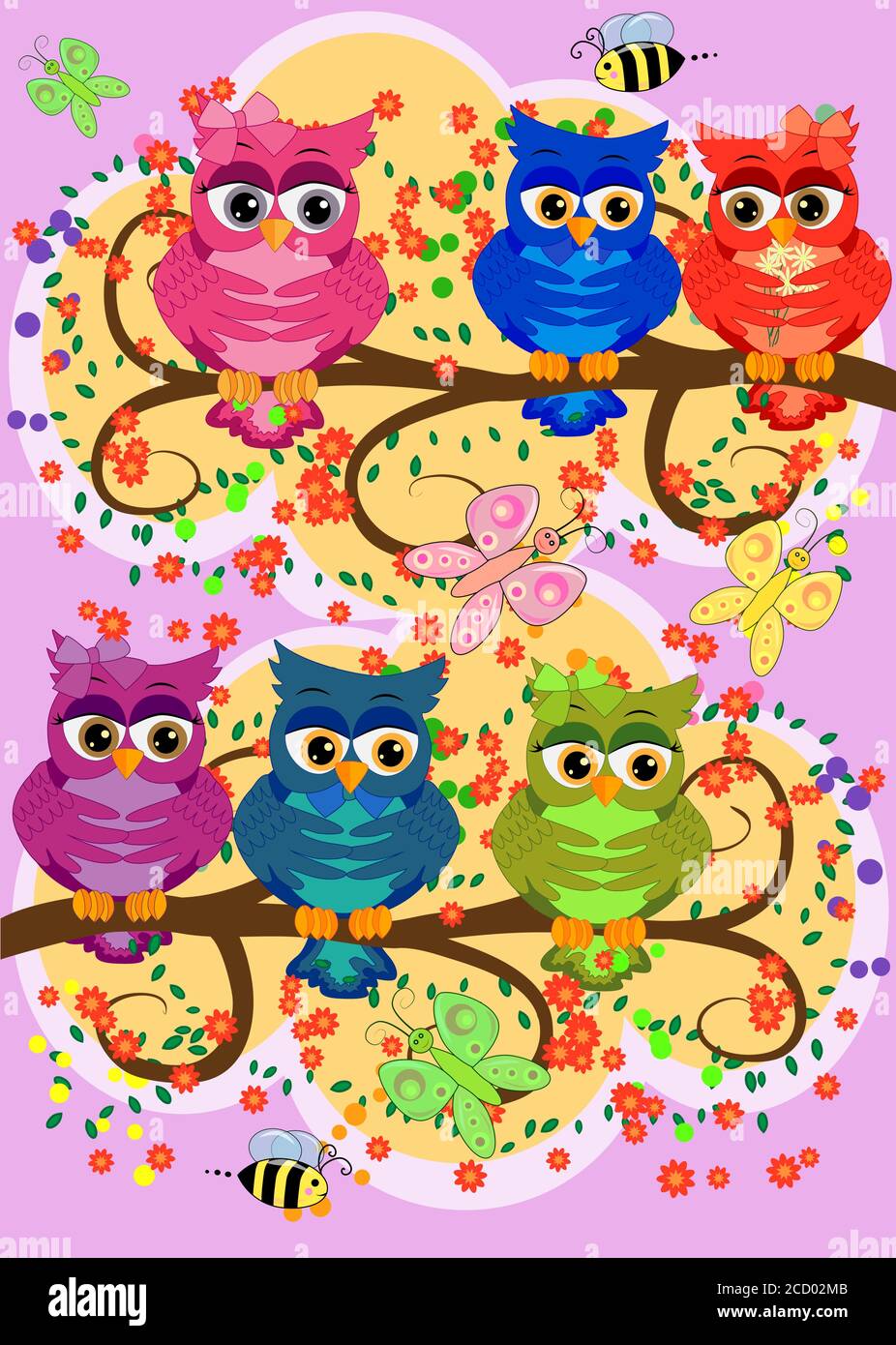 cute colorful cartoon owls sitting on tree branch with flowers Stock ...