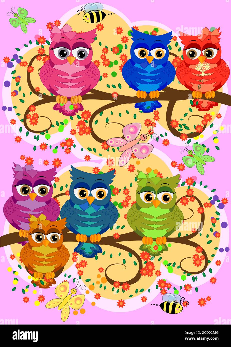 Three cute colorful cartoon owls sitting on tree branch with flowers. Funny sticker of birds on white background. Stock Vector