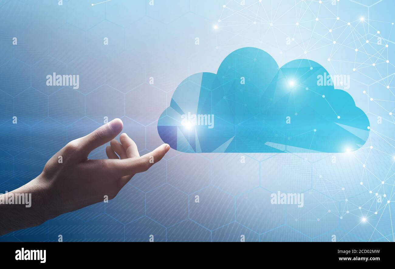 Data Storage. Male Hand Touching Abstract Cloud Icon With Polygonal Wireframe Connections Stock Photo