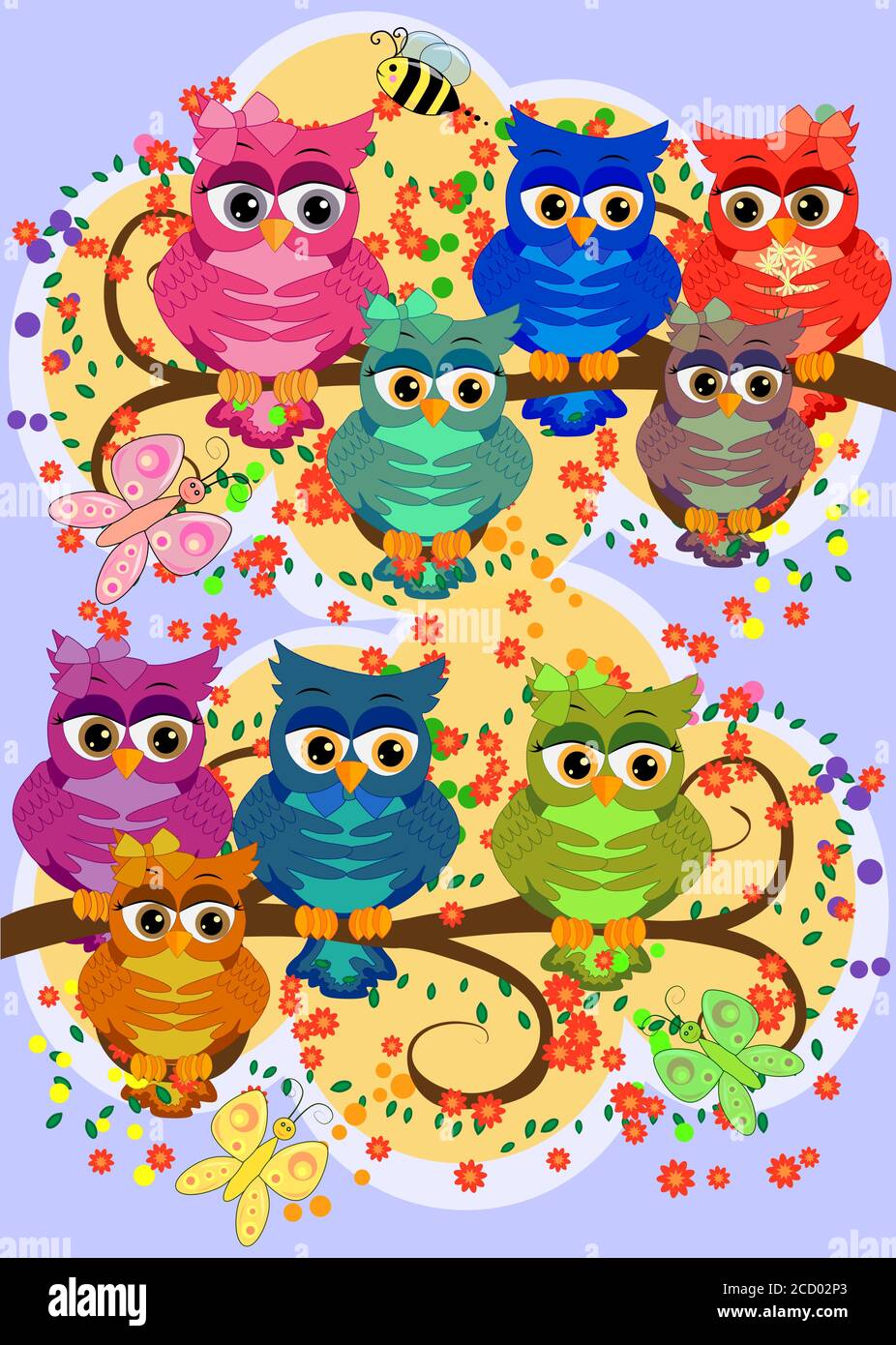 Three cute colorful cartoon owls sitting on tree branch with flowers. Funny sticker of birds on white background. Stock Vector